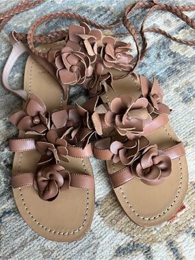 Tory Burch Brown Floral Leather Lace-Up Sandals